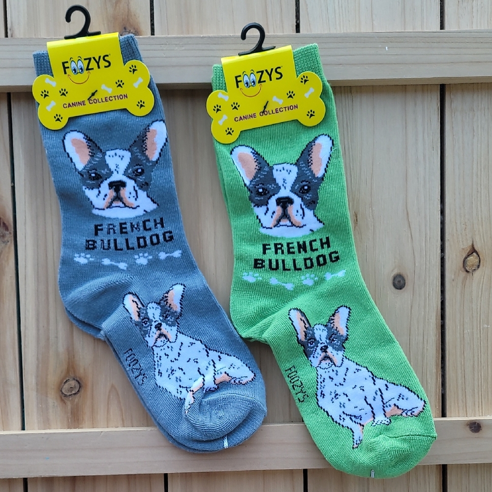 NWT Foozy's French Bulldog Dog Socks - Gray and Green - Unisex